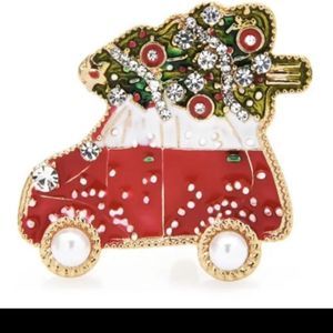 Vintage Enamel and Crystal Christmas Tree Car Brooch Pin